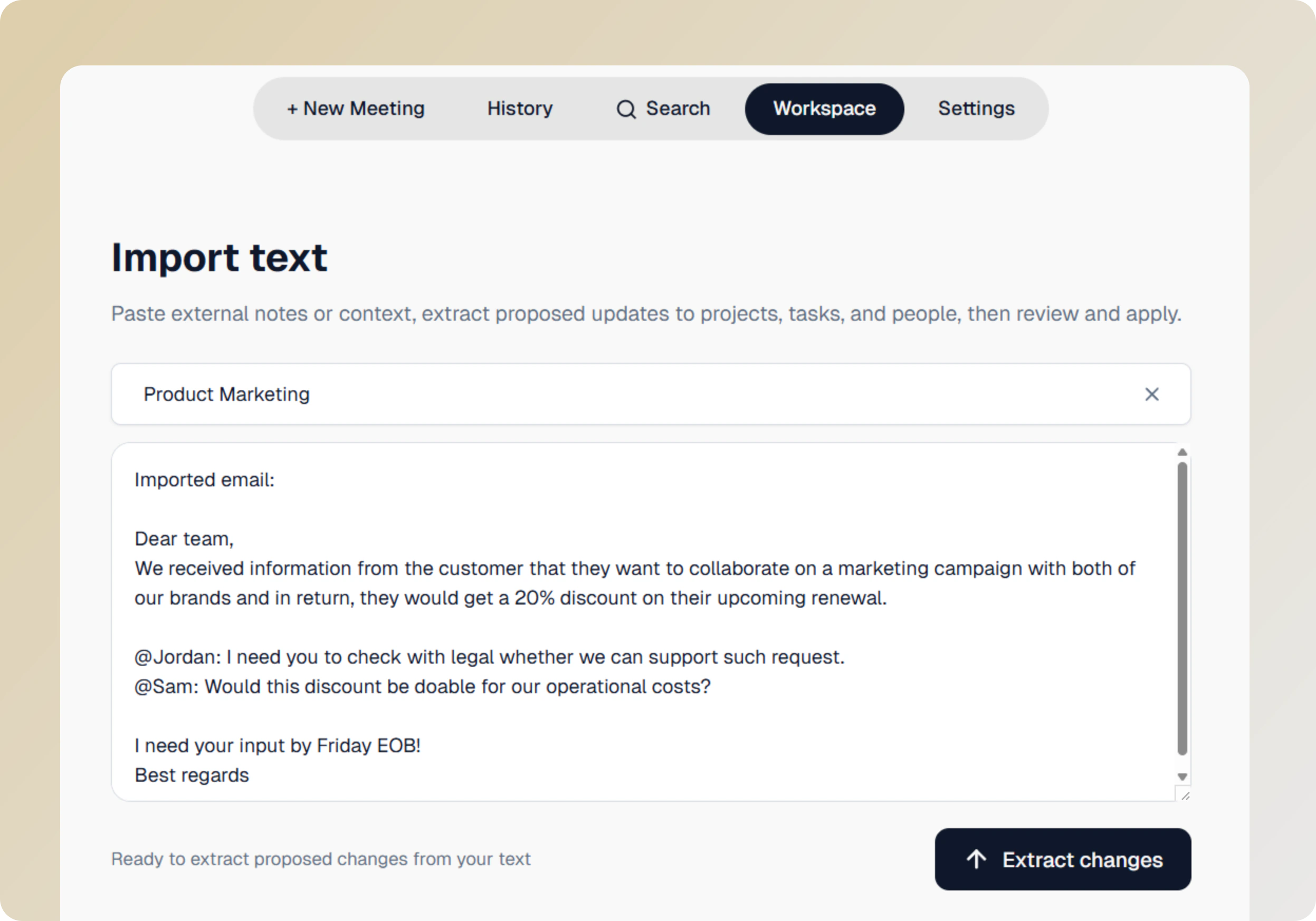 Bearbits Import text screen: paste external notes to extract proposed workspace updates